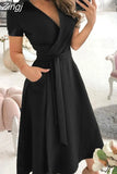 Women Summer Long Dress Short Sleeve V Neck Solid Vintage Elegant Chic Shirt Dress With Belt Office Ladies Party