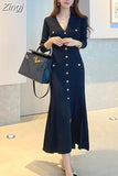 Korean Maxi Dresses for Women Party Long Sleeve V-neck Mermaid Dress Elegant Fashion Ladies Vestidos Femme Autumn