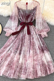 Mesh Printed Dress Women Spring Autumn Round Neck Puff Long Sleeve Ink Pattern A-Line Big Swing Vestidos Female 2023