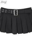 Women Pleated Skirt Y2k Black Gothic Girls 90s Skirt Harajuku Korean Casual Vintage A-line Mini Skirt With Belt Summer