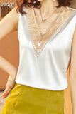 Summer Fashion Silk Womens Blouses Satin Tops Woman Shirts Embroidery Sleeveless Ladies Top V-neck Lace OL Women