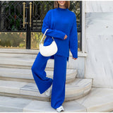 New Hot Pure Color Knitted Jacket High-Collar Sweater Set Loose Top + Pants