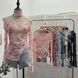 Tie-Dye-Print Single-Layer Mesh Yarn Lint Sun Hoodie Irregular Long-Sleeved T-Shirt Repair On The Body
