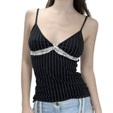 Cloth Forget Black And White Striped Lace Lace Splicing V-Neck Sling Vest Sexy Set-Up Inside The