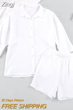 Women's 2 Piece Casual Outfits Loungewear Set Loose Comfy Long Sleeve Button Down Shirt + Elastic Waist Mini Shorts