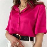Office Lady Short Sleeved Satin Shirt 2023Casual Loose Buttons Summer Blouse Women Elegant Tops Women Clothing
