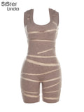 Knitted Mesh Patchwork Rompers Women Sleeveless Trend Spaghetti Strap Skinny Elastic Chic Playsuits Female