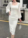 Women Spring Square Collar Sexy Party Dress Split Lantern Sleeve OL Sheath Female Bodycon