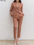 Fashion Women Elegant Office Lady Two Piece Set Blazer Work Wear Slim Solid Pants