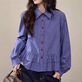 Plaid Shirt Woman 2025 Spring New Thin Soft Leaf Side Long-Sleeved Shirt Blouse Short