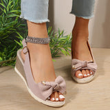 Slope Heel Sandals Summer New Water Table Bow Fish Mouth Sandals Hot Selling Buckle Sandals