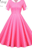 Women Summer Dress Slim Short Sleeve Polka Dot Print High Waist Vintage Elegant Office Party Midi Sundress