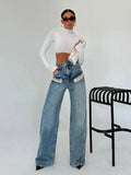 New Cool Trend Splicing Jeans Women High Waist Thin Classic Design Straight Broad