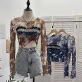 Shooting Hottie Perspective Dye Mesh Spliced Denim Long-Sleeved Shirt T-Shirt T-Shirt
