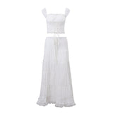 Zingj New Women's French Square Collar Sling Top With Lace Patchwork Skirt Holiday Style Suit