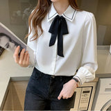 Women Shirt Long-sleeved Blouse Lace Up Chiffon Shirts 2023 Spring New Fashion Women Clothing Bowknot Elegant Womens