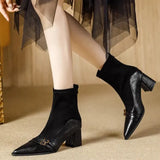 Brown Short Boots Women Thick And 2025 Autumn And Winter New Splicing Elastic Thin Boots Tips 6CM High