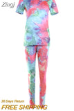 Women Tie Dye Sports Clothing Sets Lady Pullover Short Sleeve O Neck T Shirt Top + High Waist Knee Length