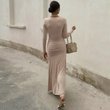Autumn New Fashion French Temperament To Close The Waist Folds Irregular Long-Sleeved Dress