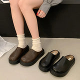 Thick Bottom Plus Velvet Bag Head Half Slippers Women 2025 Autumn And Winter New Fashion One-Legged Lazy Bunken