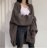 Chic Autumn And Winter Leisure Lazy Wind V-Neck Single Buckle Loose Lantern Sleeve Knitted Sweater Coat