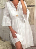 Lace Dress Women White Mini Dress Summer V Neck Sexy Hollow Out Short Sundress Flared Sleeve Lady Party