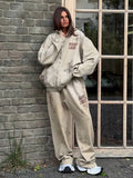 Street Style Old Print Zip-Up Hoodie Sports Suit Women Loose Comfortable Street Out Of The