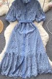Women Lace Party Long Dress Vintage O-Neck Puff Short Sleeve High Waist Single Breasted A-Line Elegant Vestidos