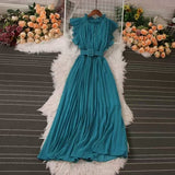 Sense Of Light Luxury Temperament Flying Sleeve Round Recipient Waist Thin A Word 100-Fold Dress Elegant Swing Long