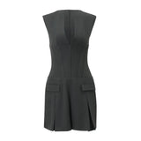 Zingj S Women's Fall 2023 New Sexy Deep V Waist Fake Pocket Suit Temperament Pleated Skirt