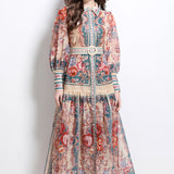 Court Print Flip Lantern Sleeves To Close Waist Single Buckle Dress Women Thin Elegant Long