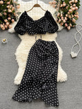 Women Red/Purple/Black Polka Dot Two Piece Set Summer Sexy Ruffle Short Drawstring Tops + High Waist Irregular Skirt 2pcs