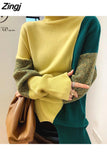 Women Turtleneck Sweater Women Oversize Autumn Winter Patchwork Loose Pullover Thick Casual Soft