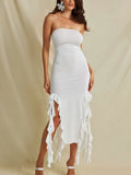 flounce hem maxi dress with ruched