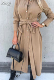 Solid Long Sleeve Shirt Dress Women Lace up Single Breasted Beach Maxi Party Dresses Turn-down Collar Split Sash