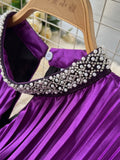 Autumn Women Satin Pleated Party Dress Vintage Diamonds Patchwork Hollow Out Lantern Sleeve Draped Elegant Robe