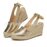 Summer New Hemp Rope Heel Sandals Women High Heel Head Bow Snake-Snake Sandals Large