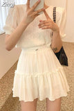 Two Piece Set Korea New Fashion Summer Women Puff Sleeve Cropped Tops And Ladies Womens Casual High Waist Ruffes Skirt