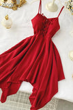 2023 Women Irregular Hem Beach Party Mini Dress Vestidos Sexy Sleeveless High Waist Drawstring Red/Green Strap Dress