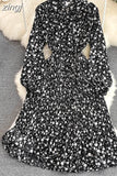 Women Floral Pleated Dress Elegant Bow Collar Flare Long Sleeve High Waist A-Line Ruffle Draped Vestidos Female Robe