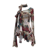 Spice Girls Inclined Shoulder Horn Long-Sleeved T-Shirt Around The Neck With Flowers Lotus Leaf-Lace Mesh Yarn Women