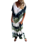 Summer New Women's Casual Loose Short-Sleeved V-Neck Open Fork Dyed Long
