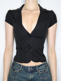 Hottie Wind Depth V Collar Striped Shirt Two Buckle Cardigan Waist Type Short-Sleeved Commuting Base