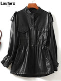 Spring Autumn Luxury Green Black Beige Leather Jacket Women with Drop Shoulder Long Sleeve Drawstring Pockets