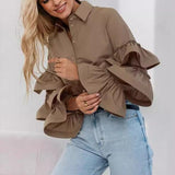 Design Feeling White Lotus Leaf Sleeve Shirt 2025 Autumn And Winter New Casual