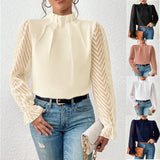 Women's Autumn And Winter New Half-High Collar Spliced Wave Chiffon Long-Sleeved Top