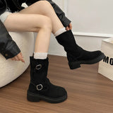 Martin Boots Women 2025 New Round Head Velvet Belt Buckle Thick Bottom And Women's Single Boots Black Retro