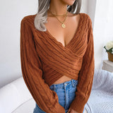 Wind Real Autumn And Winter Sexy Cross V Collar Sesame Long Sleeves Open Umbilly Sweater Women's