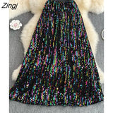 2022 Korean Fashion Black Sequin Midi Long Pleated Skirt Women High Waist A Line Skirt