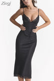 Elegant Midi Spaghetti strap Corset Dress Satin Black Bodycon Birthday Party Dresses Sexy Casual Women Summer